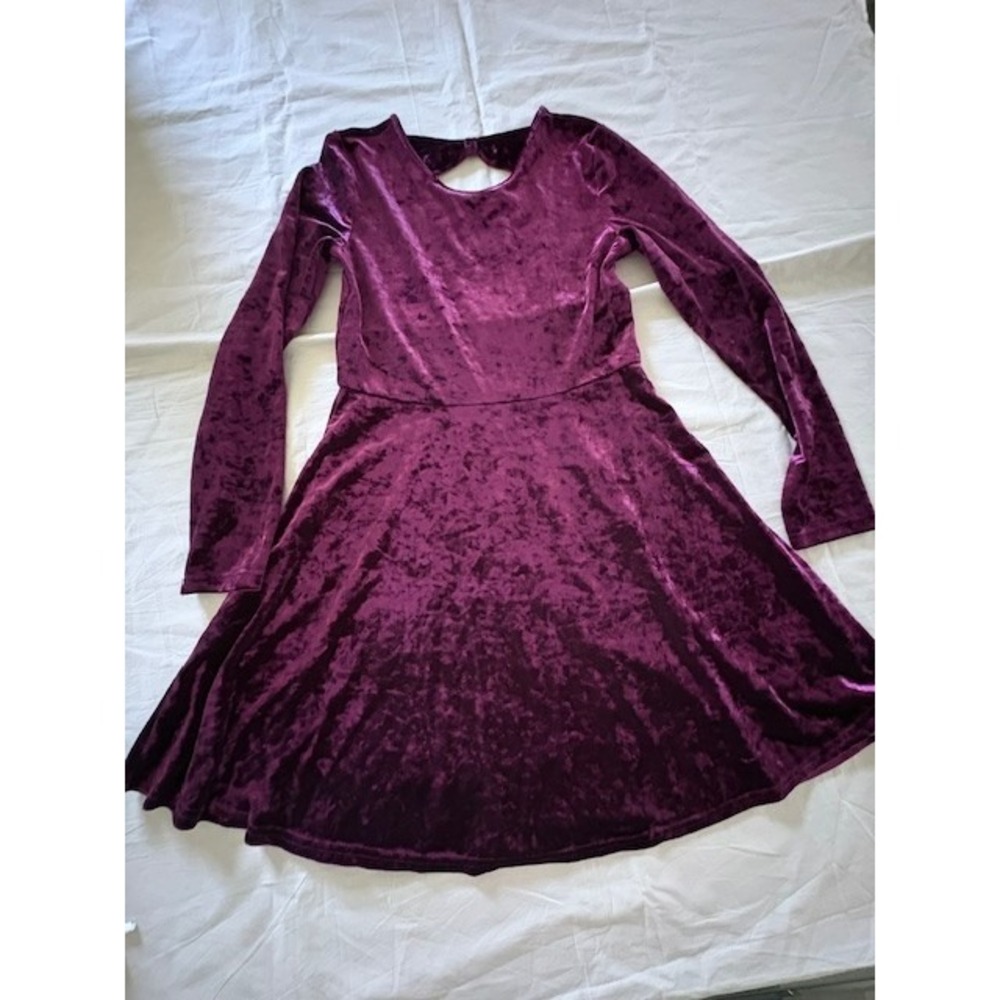PLACE Girls Burgundy Velvet Long-Sleeve Pullover Fit & Flare knee Dress Size 14